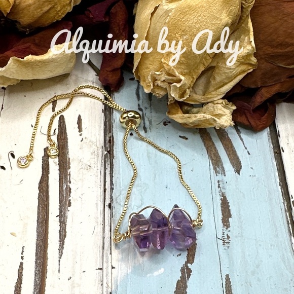 Ametrine chunky chips gold adjustable rope chain bracelet - Picture 2 of 2